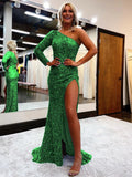 Shamrock Green Sheath One Shoulder Long Sleeves Long Sweep Train Velvet Sequin Prom Dress (AF1002)