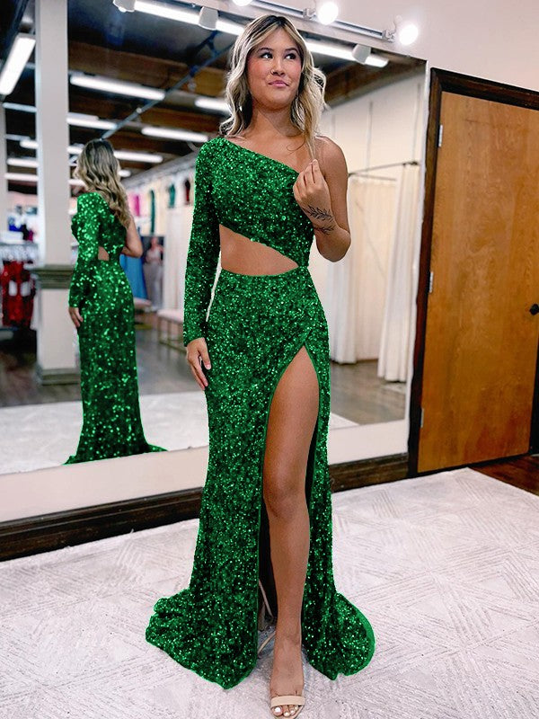 Dark Green Mermaid One Shoulder Long Sleeves Long Sweep Train Velvet Sequin Prom Dress (AF1006)