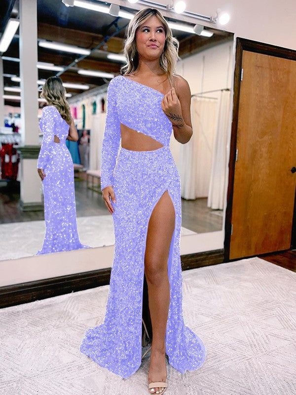 Lavender Mermaid One Shoulder Long Sleeves Long Sweep Train Velvet Sequin Prom Dress (AF1006)