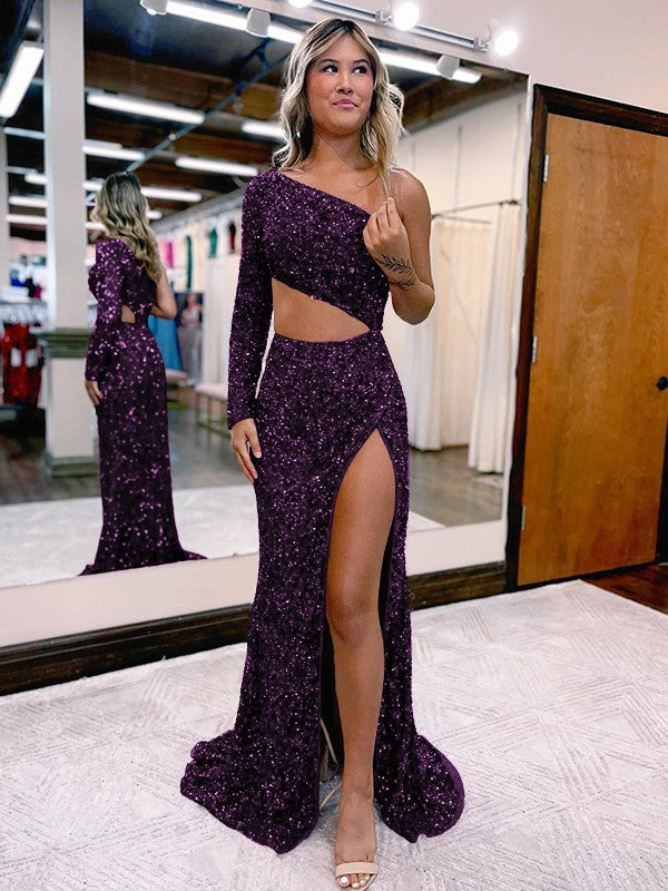 Plum Purple Mermaid One Shoulder Long Sleeves Long Sweep Train Velvet Sequin Prom Dress (AF1006)
