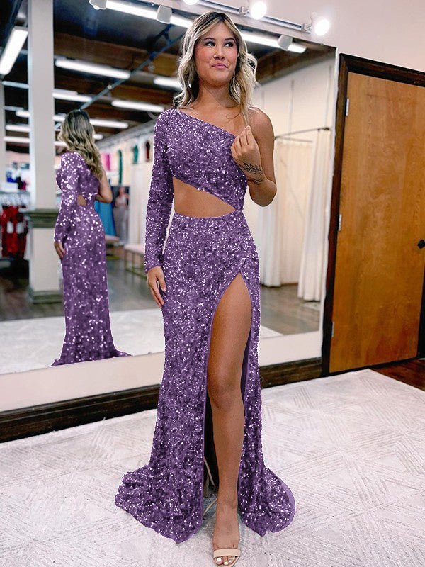 Purple Mermaid One Shoulder Long Sleeves Long Sweep Train Velvet Sequin Prom Dress (AF1006)