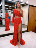 Red Mermaid One Shoulder Long Sleeves Long Sweep Train Velvet Sequin Prom Dress (AF1006)