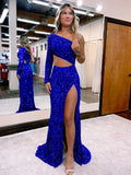 Royal Blue Mermaid One Shoulder Long Sleeves Long Sweep Train Velvet Sequin Prom Dress (AF1006)