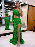Shamrock Green Mermaid One Shoulder Long Sleeves Long Sweep Train Velvet Sequin Prom Dress (AF1006)