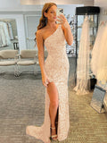 Cream Sheath One Shoulder Sleeveless Long Sweep Train Velvet Sequin Prom Dress (AF1001)