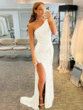 Ivory Sheath One Shoulder Sleeveless Long Sweep Train Velvet Sequin Prom Dress (AF1001)