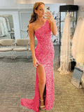 Pink 46 Sheath One Shoulder Sleeveless Long Sweep Train Velvet Sequin Prom Dress (AF1001)