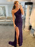 Plum Purple Sheath One Shoulder Sleeveless Long Sweep Train Velvet Sequin Prom Dress (AF1001)