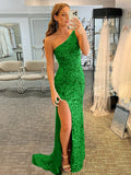 Shamrock Green Sheath One Shoulder Sleeveless Long Sweep Train Velvet Sequin Prom Dress (AF1001)