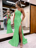Green Blue 41 Mermaid One Shoulder Sleeveless Long Sweep Train Velvet Sequin Prom Dress (AF1003)