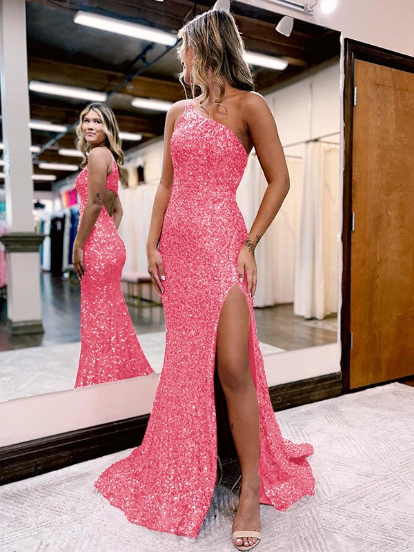 Pink 46 Mermaid One Shoulder Sleeveless Long Sweep Train Velvet Sequin Prom Dress (AF1003)