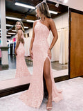 Pink Mermaid One Shoulder Sleeveless Long Sweep Train Velvet Sequin Prom Dress (AF1003)