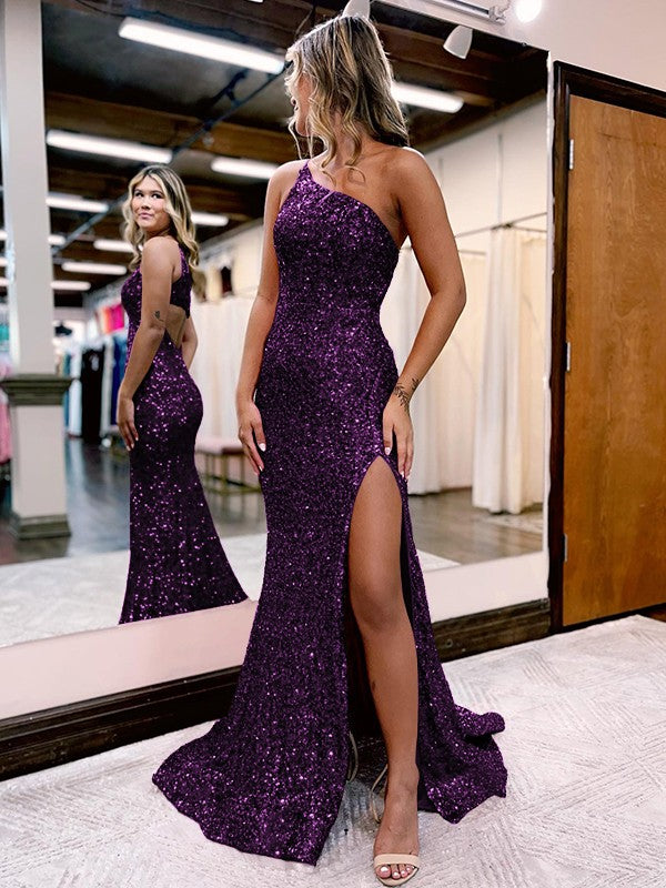 Plum Purple Mermaid One Shoulder Sleeveless Long Sweep Train Velvet Sequin Prom Dress (AF1003)