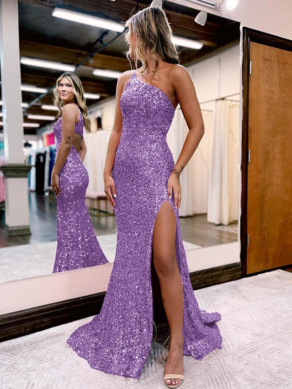 Purple Mermaid One Shoulder Sleeveless Long Sweep Train Velvet Sequin Prom Dress (AF1003)