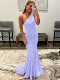 Lavender Sheath One Shoulder Sleeveless Long Sweep Train Velvet Sequin Prom Dress (AF1004)