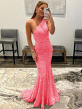 Pink 46 Sheath One Shoulder Sleeveless Long Sweep Train Velvet Sequin Prom Dress (AF1004)