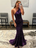 Plum Purple Sheath One Shoulder Sleeveless Long Sweep Train Velvet Sequin Prom Dress (AF1004)