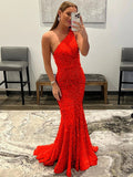 Red Sheath One Shoulder Sleeveless Long Sweep Train Velvet Sequin Prom Dress (AF1004)