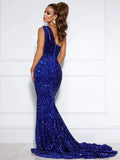 Royal Blue Mermaid One Shoulder Sleeveless Long Court Train Velvet Sequin Prom Dress (AF1036)