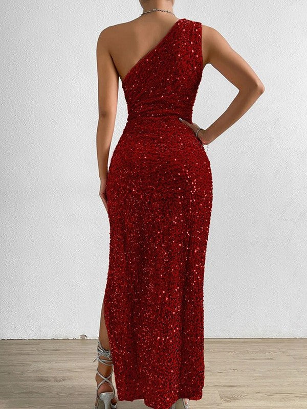 Red Sheath One Shoulder Sleeveless Long Floor Length Velvet Sequin Prom Dress (AF1083)
