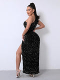 Black Sheath One Shoulder Sleeveless Long Ankle Length Velvet Sequin Prom Dress (AF1084)