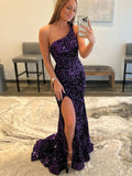 Purple Sheath One Shoulder Sleeveless Long Sweep Train Velvet Sequin Prom Dress (AF1090)