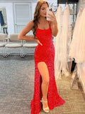 Red Sheath One Shoulder Sleeveless Long Sweep Train Velvet Sequin Prom Dress (AF1001)