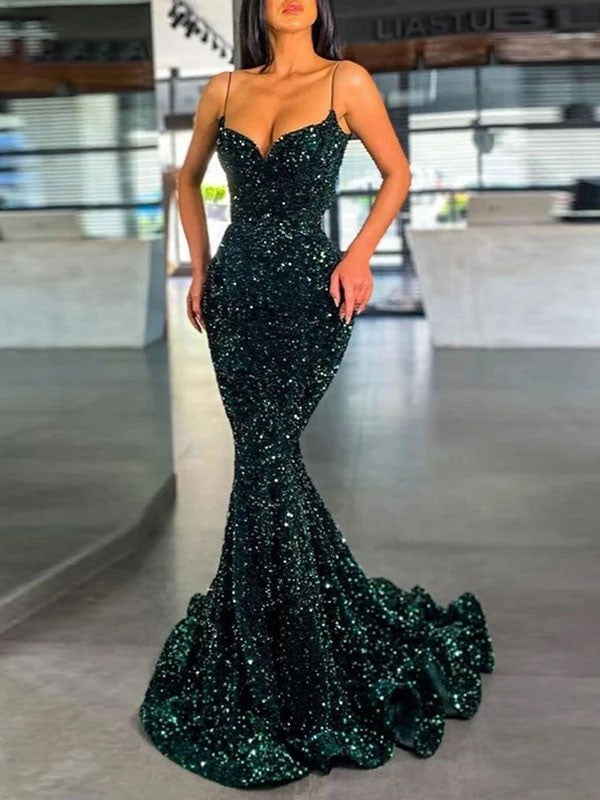 Dark Green Mermaid Spaghetti Straps Sleeveless Long Sweep Train Velvet Sequin Prom Dress (AF1031)
