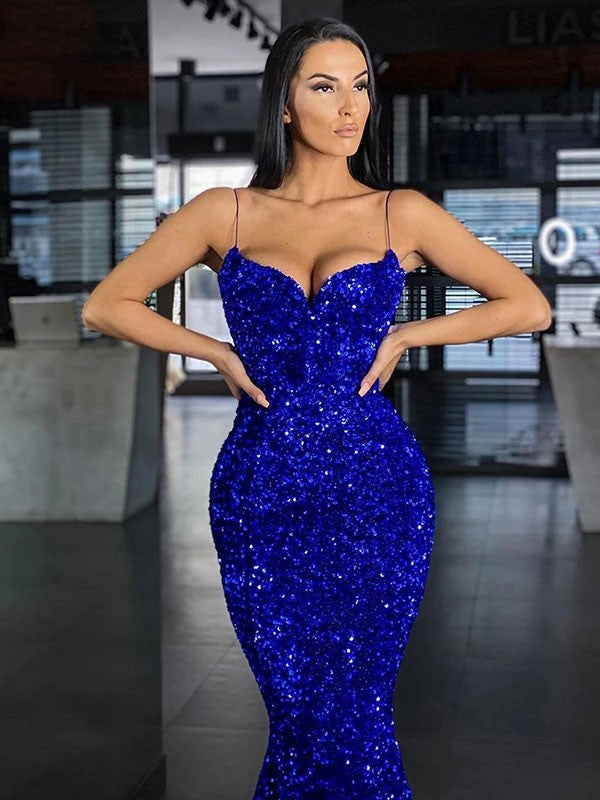 Royal Blue Mermaid Spaghetti Straps Sleeveless Long Sweep Train Velvet Sequin Prom Dress (AF1031)