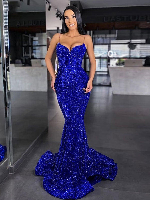 Royal Blue Mermaid Spaghetti Straps Sleeveless Long Sweep Train Velvet Sequin Prom Dress (AF1031)