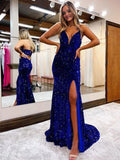 Royal Blue Sheath Spaghetti Straps Sleeveless Long Sweep Train Velvet Sequin Prom Dress (AF1058)