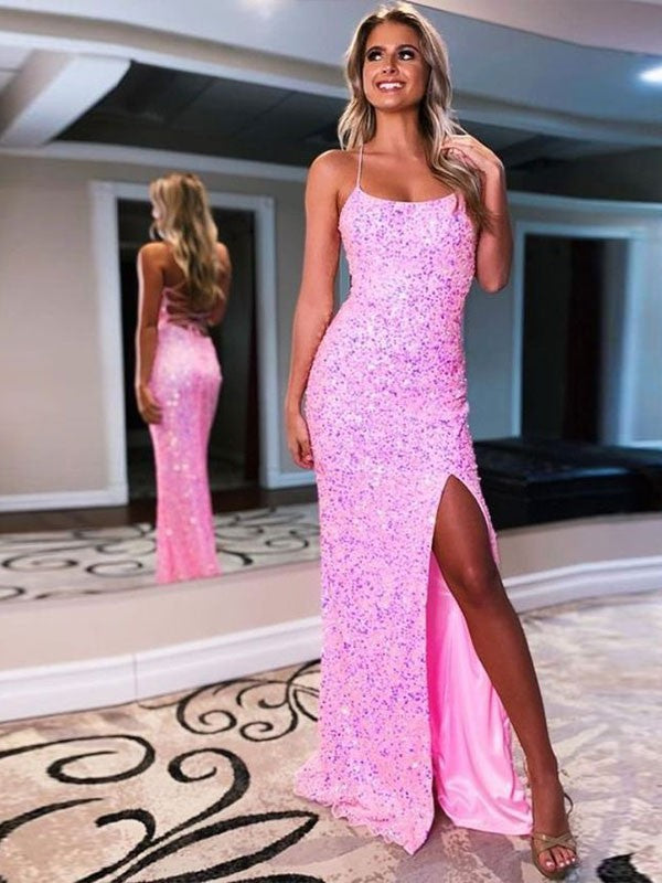 Hot Pink Sheath Spaghetti Straps Sleeveless Long Sweep Train Velvet Sequin Prom Dress (AF1086)