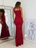 Burgundy Sheath Square Sleeveless Long Floor Length Velvet Sequin Prom Dress (AF1035)
