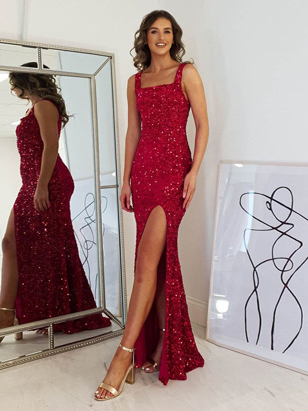 Burgundy Sheath Square Sleeveless Long Floor Length Velvet Sequin Prom Dress (AF1035)