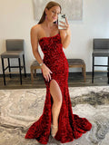 Red Sheath Strapless Sleeveless Long Sweep Train Velvet Sequin Prom Dress (AF1012)