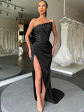 Black Sheath Strapless Sleeveless Long Sweep Train Velvet Sequin Prom Dress (AF1013)