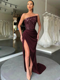 Burgundy Gold Sheath Strapless Sleeveless Long Sweep Train Velvet Sequin Prom Dress (AF1013)