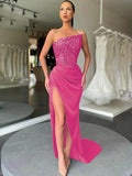 Fuchsia Sheath Strapless Sleeveless Long Sweep Train Velvet Sequin Prom Dress (AF1013)