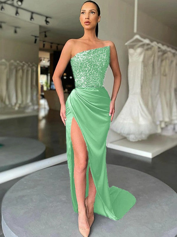 Green Blue 41 Sheath Strapless Sleeveless Long Sweep Train Velvet Sequin Prom Dress (AF1013)