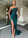 Ink Blue Sheath Strapless Sleeveless Long Sweep Train Velvet Sequin Prom Dress (AF1013)