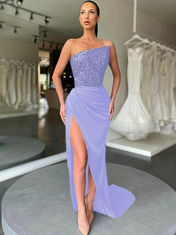 Lavender Sheath Strapless Sleeveless Long Sweep Train Velvet Sequin Prom Dress (AF1013)