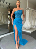 Peacock Blue Sheath Strapless Sleeveless Long Sweep Train Velvet Sequin Prom Dress (AF1013)