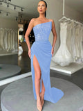 Periwinkle Sheath Strapless Sleeveless Long Sweep Train Velvet Sequin Prom Dress (AF1013)
