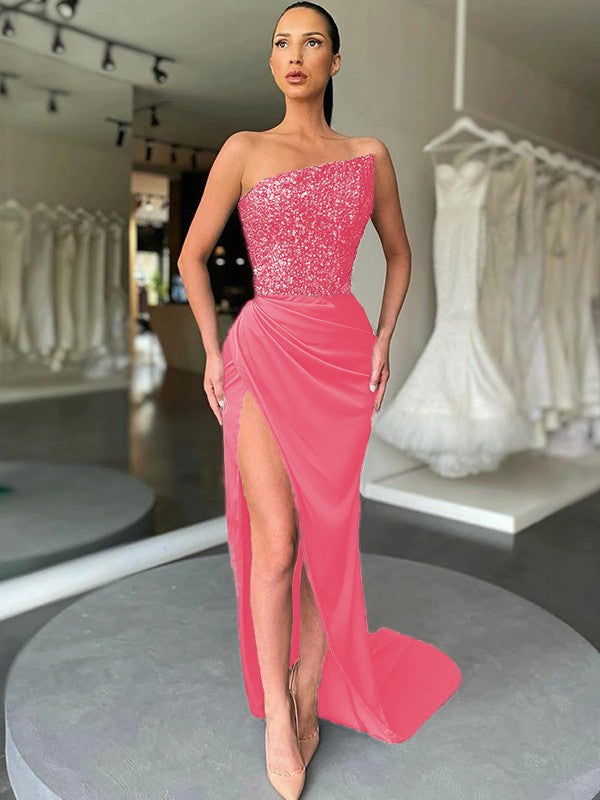 Pink 46 Sheath Strapless Sleeveless Long Sweep Train Velvet Sequin Prom Dress (AF1013)