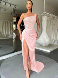 Pink Sheath Strapless Sleeveless Long Sweep Train Velvet Sequin Prom Dress (AF1013)