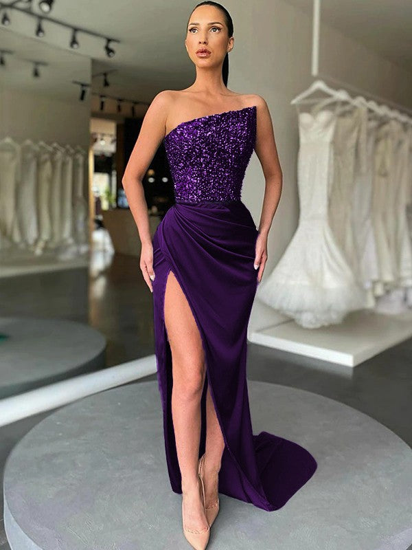 Plum Purple Sheath Strapless Sleeveless Long Sweep Train Velvet Sequin Prom Dress (AF1013)