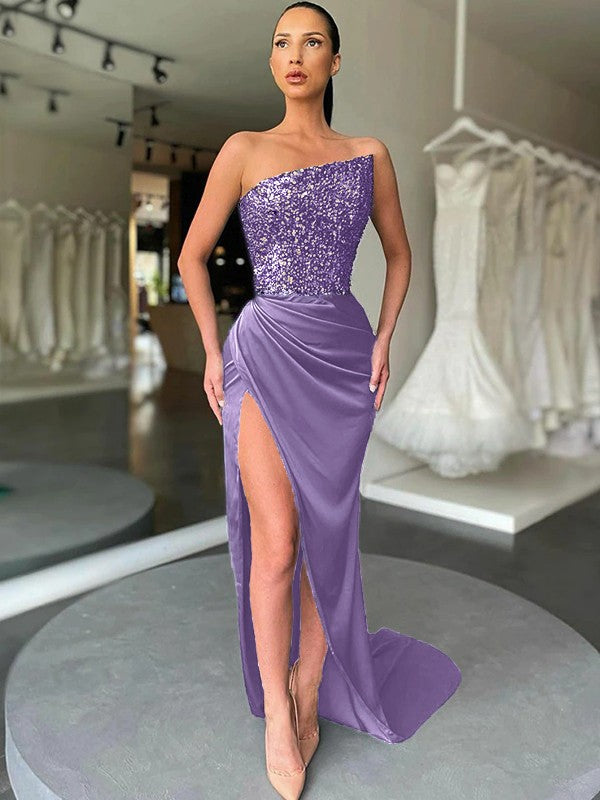 Purple Sheath Strapless Sleeveless Long Sweep Train Velvet Sequin Prom Dress (AF1013)