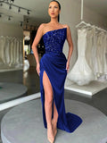 Royal Blue Sheath Strapless Sleeveless Long Sweep Train Velvet Sequin Prom Dress (AF1013)
