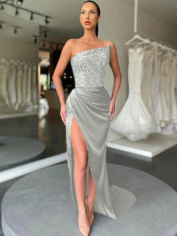 Silver Sheath Strapless Sleeveless Long Sweep Train Velvet Sequin Prom Dress (AF1013)