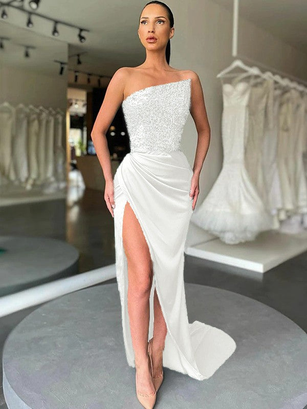 White Sheath Strapless Sleeveless Long Sweep Train Velvet Sequin Prom Dress (AF1013)